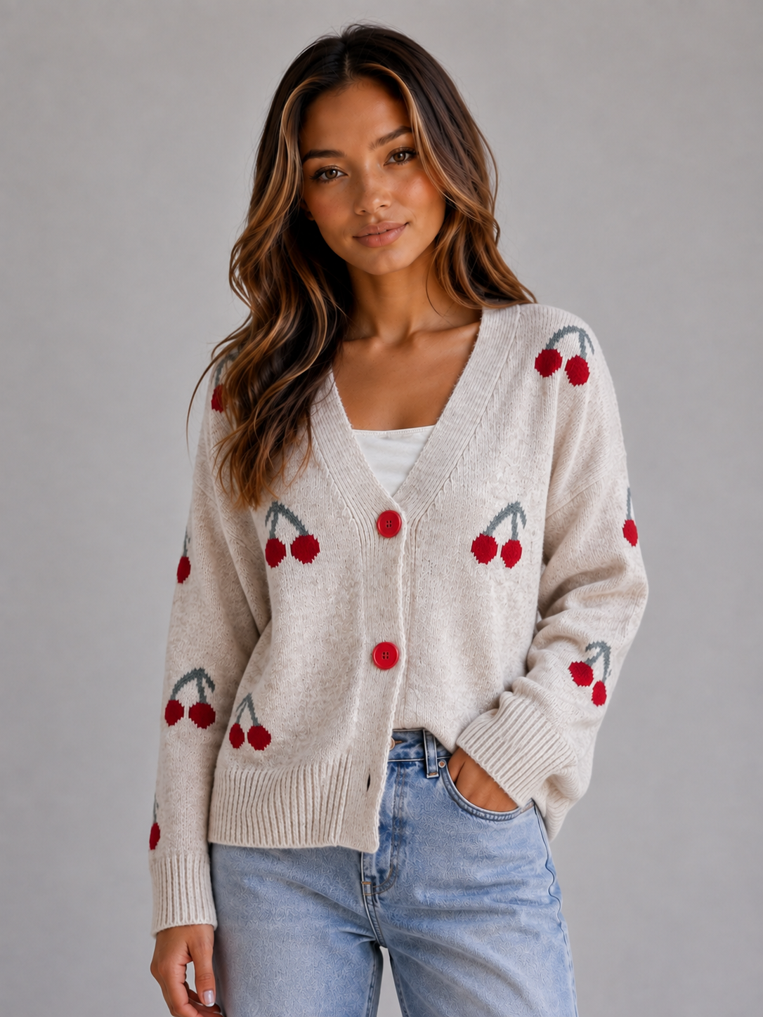 Women’s Cherry Print Cardigan with Button Fastening