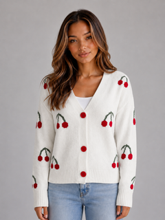 Women’s Cherry Print Cardigan with Button Fastening