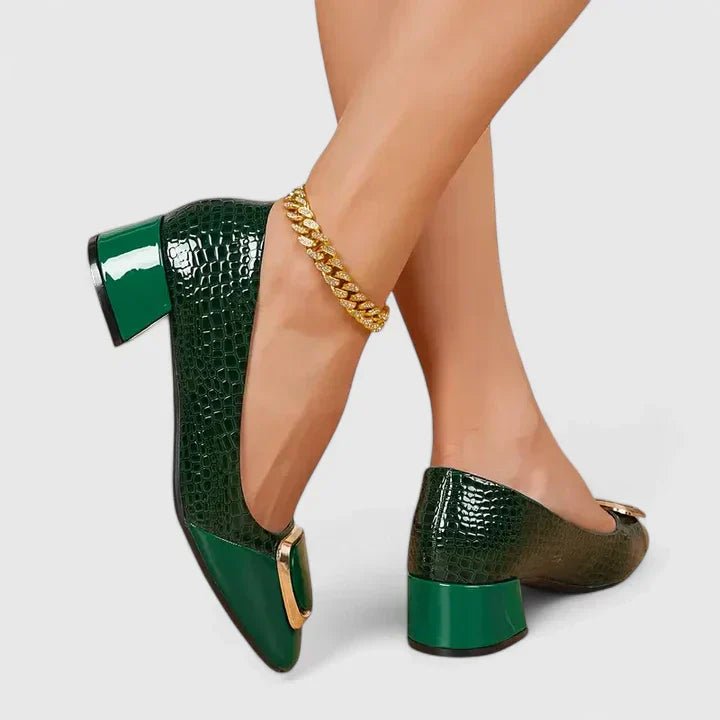 Women’s Croc-Embossed Block Heel Loafers with Chain