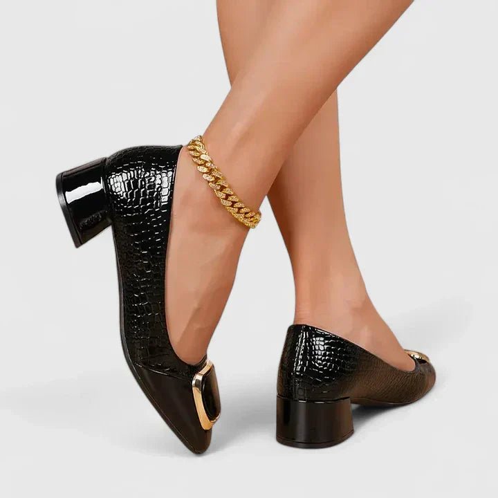 Women’s Croc-Embossed Block Heel Loafers with Chain