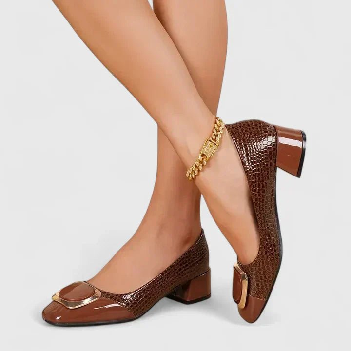 Women’s Croc-Embossed Block Heel Loafers with Chain