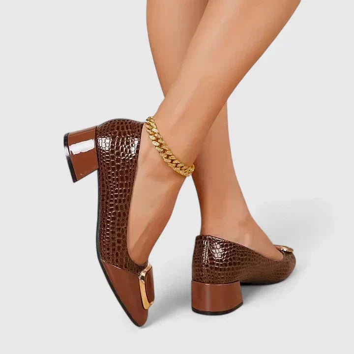 Women’s Croc-Embossed Block Heel Loafers with Chain
