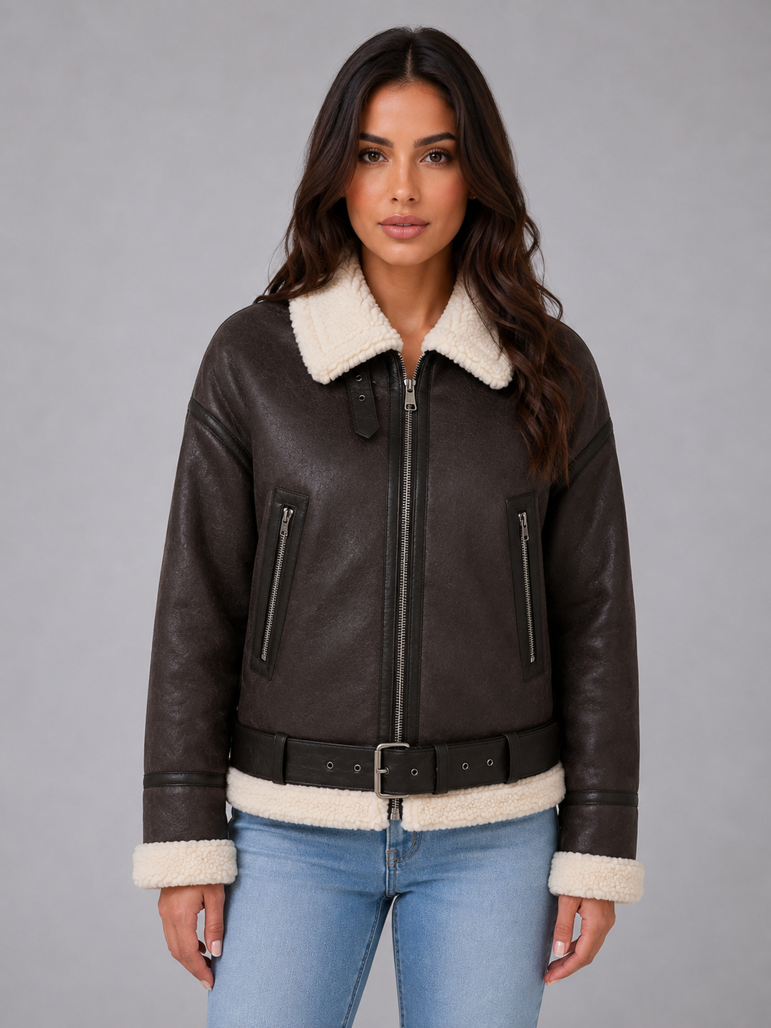 Women’s Cropped Aviator Jacket with Belt Detail