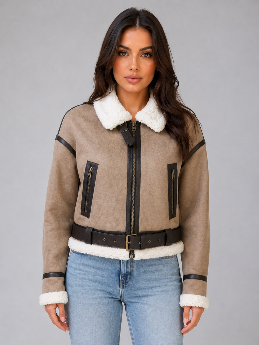 Women’s Cropped Aviator Jacket with Belt Detail
