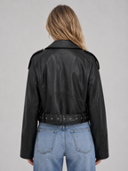 Women’s Cropped Moto Jacket with Belted Waist