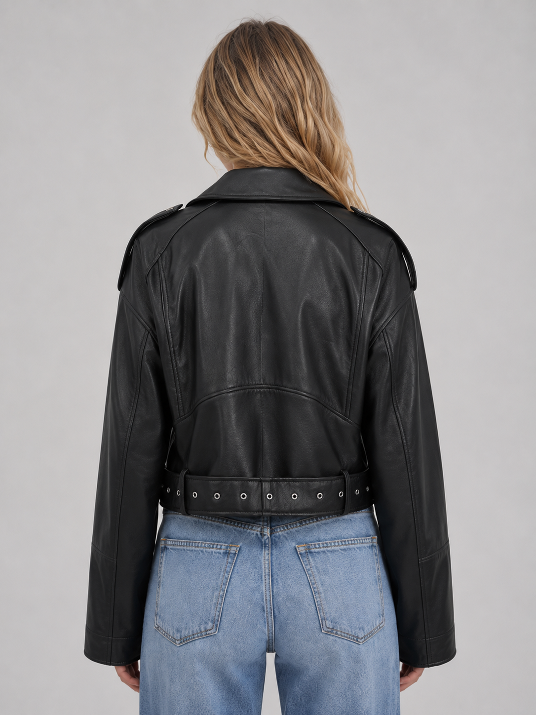 Women’s Cropped Moto Jacket with Belted Waist