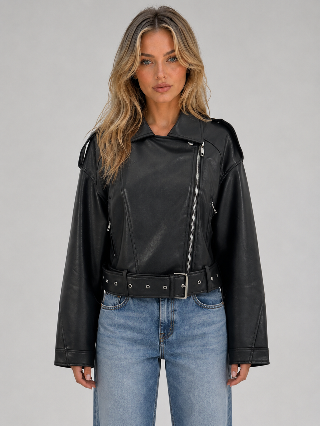 Women’s Cropped Moto Jacket with Belted Waist