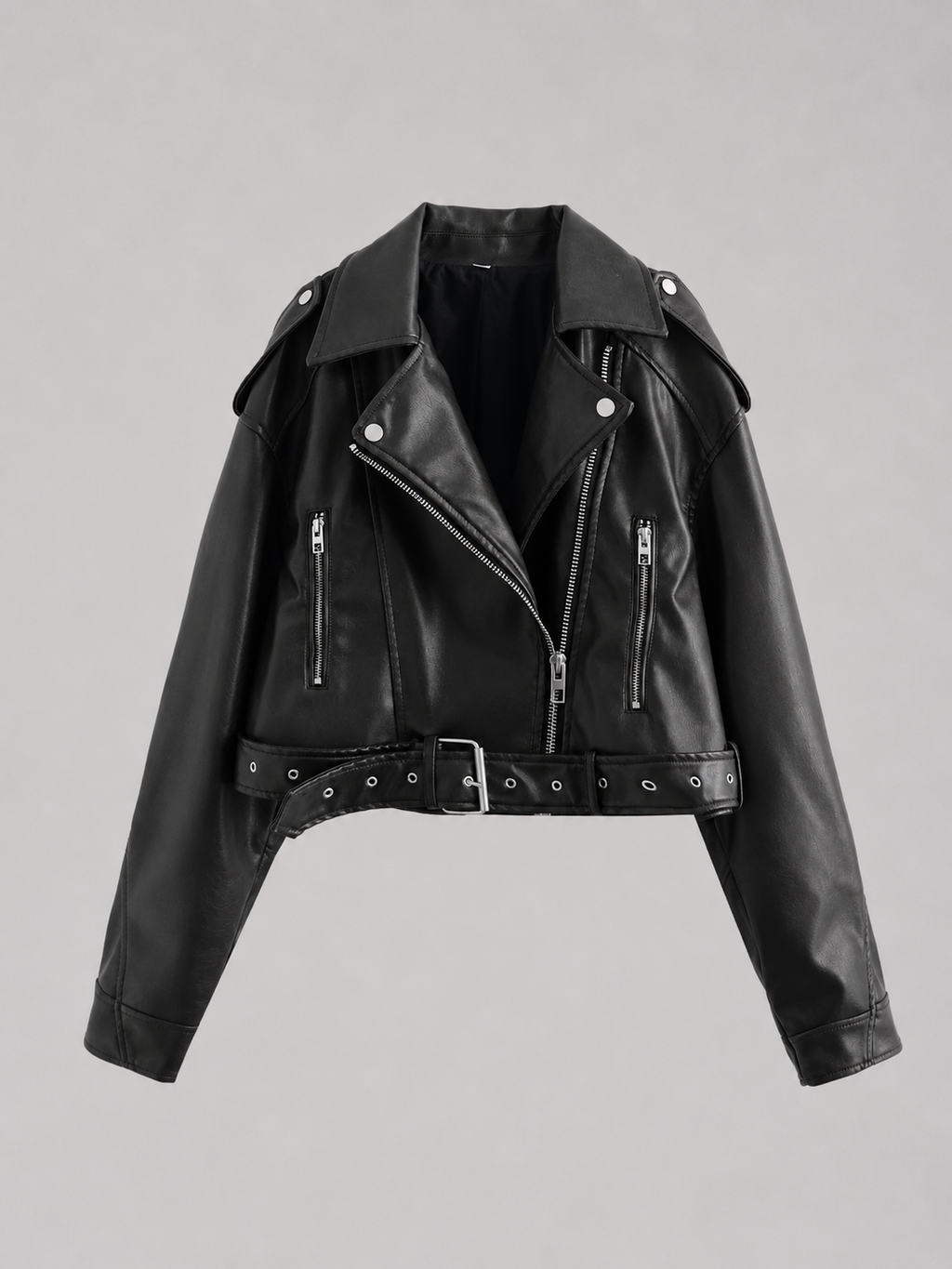 Women’s Cropped Moto Jacket with Belted Waist