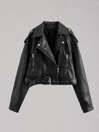 Women’s Cropped Moto Jacket with Belted Waist