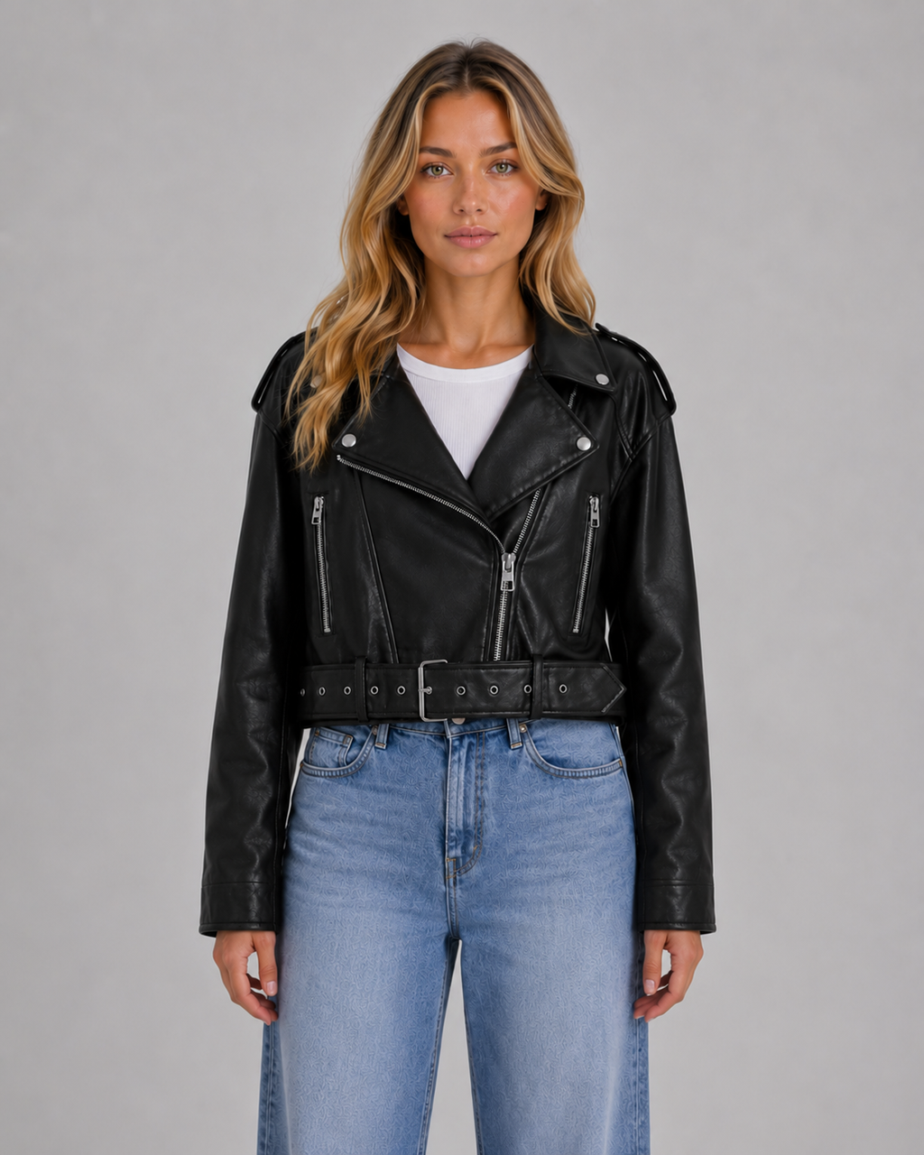 Women’s Cropped Moto Jacket with Belted Waist
