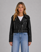 Women’s Cropped Moto Jacket with Belted Waist