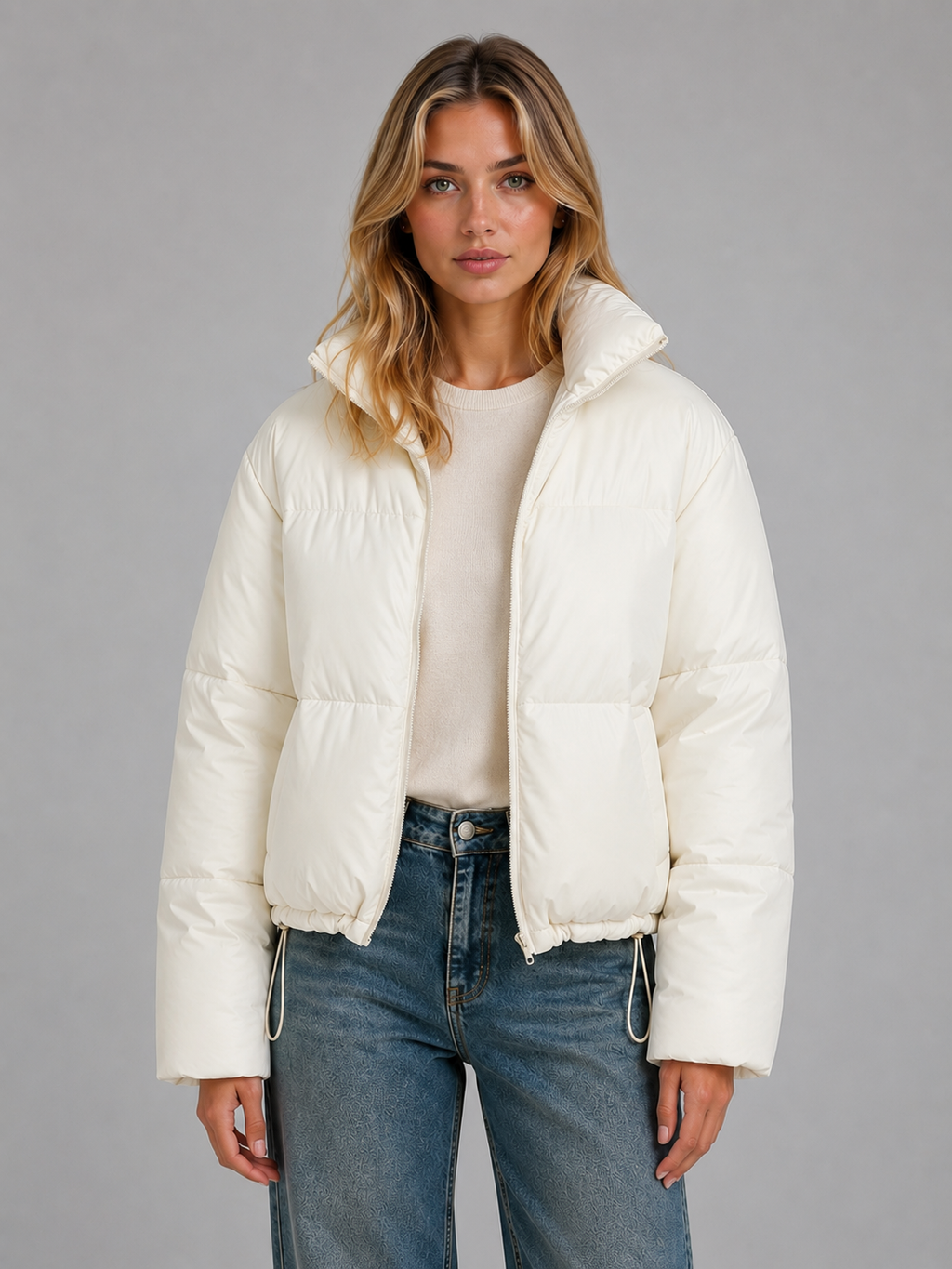 Women’s Cropped Puffer Jacket with Drawcord Hem