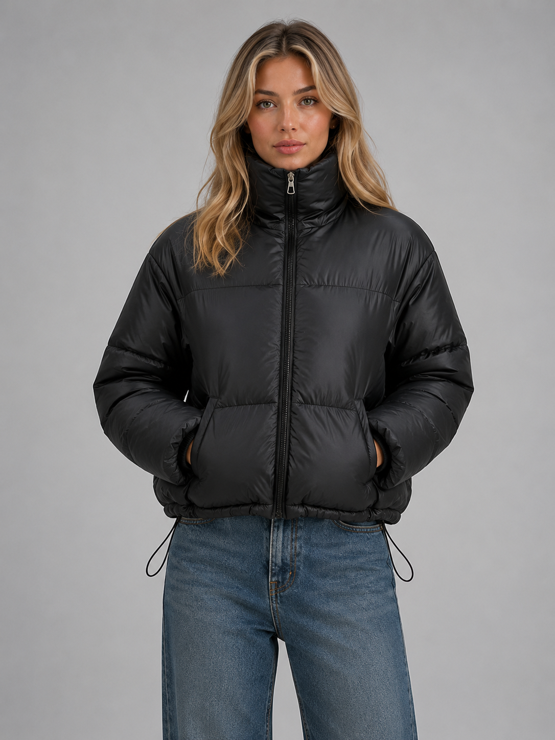 Women’s Cropped Puffer Jacket with Drawcord Hem