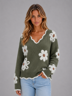 Women's Floral Jumper with V Neck Detail