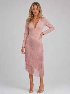 Women's Fringe Midi Dress with Deep V-Neckline