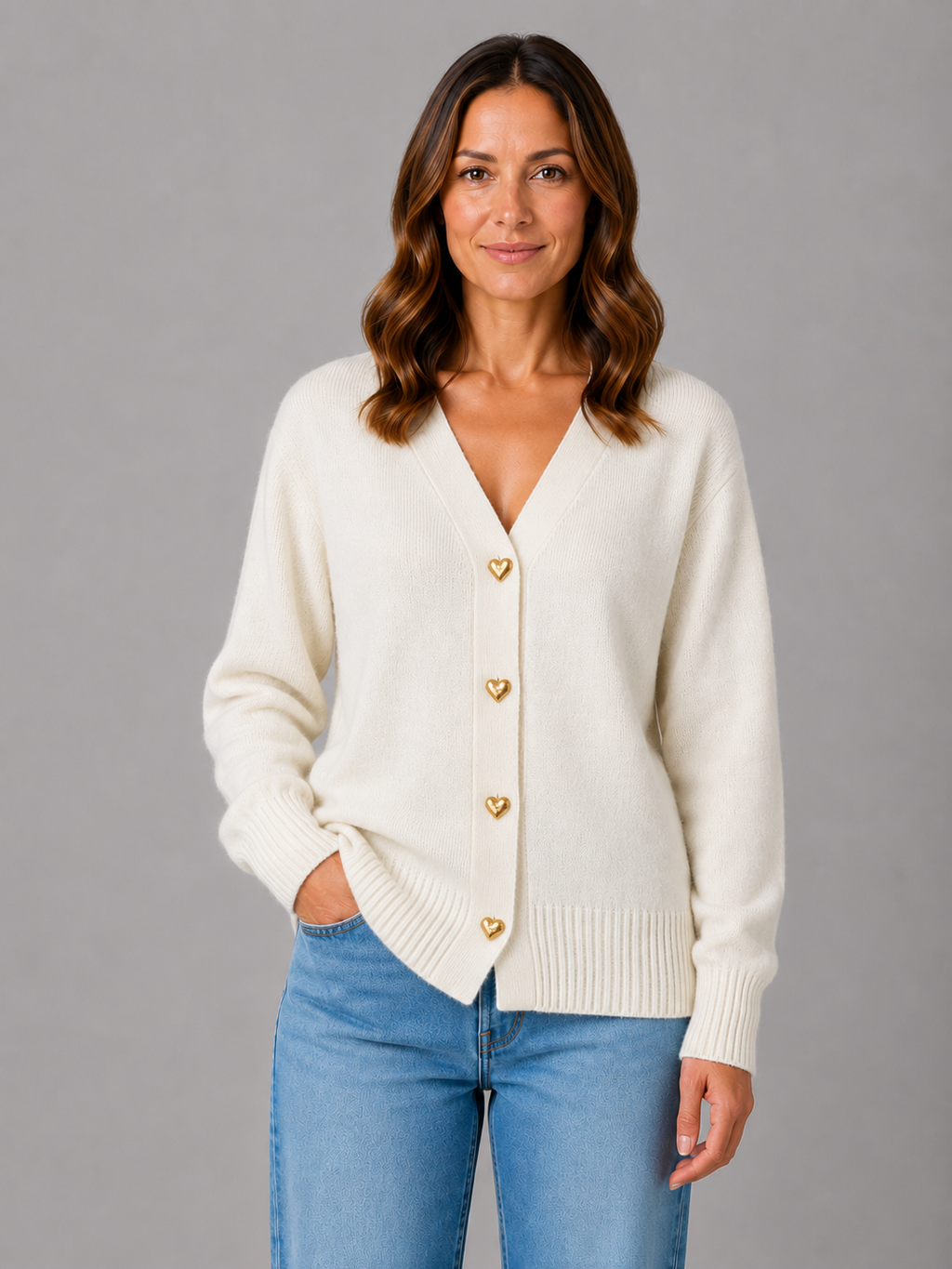 Women's Grey Knit Cardigan with Heart Buttons