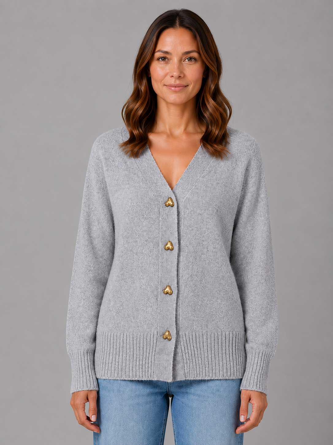 Women's Grey Knit Cardigan with Heart Buttons