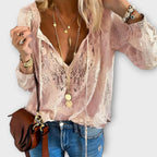 Women's Lace Boho Blouse - V-Neck Long Sleeve Top