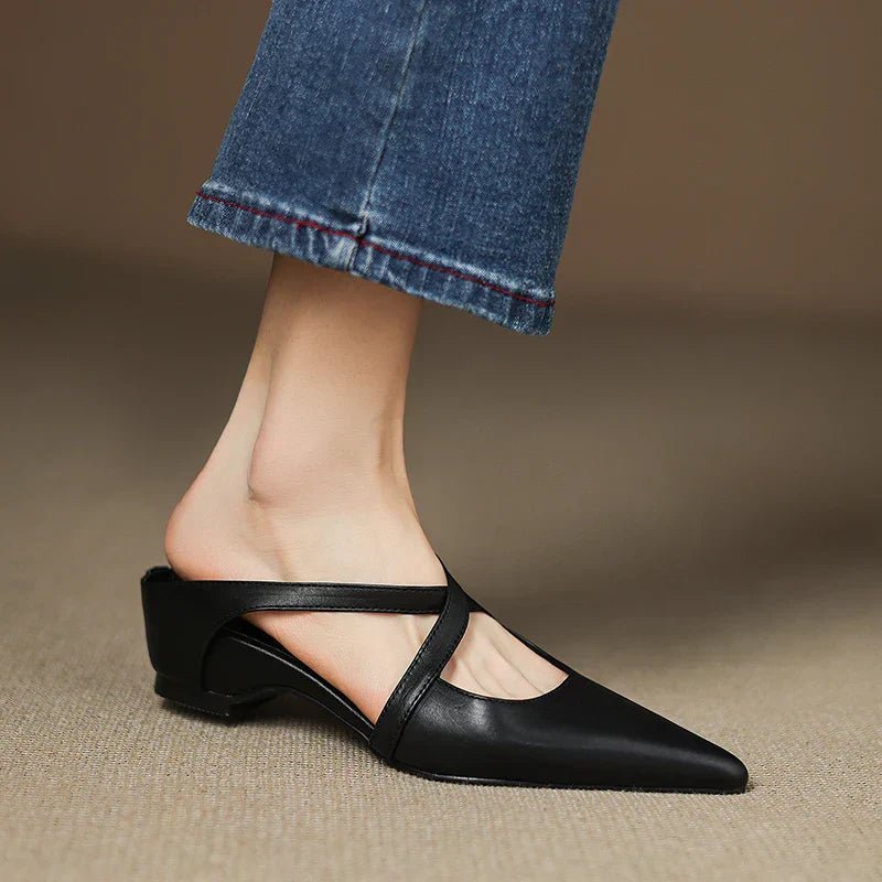 Women's Leather Mules Cross-Strap Pointed Toe Low Heel Slip-On