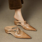 Women's Leather Mules Cross-Strap Pointed Toe Low Heel Slip-On