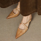 Women's Leather Mules Cross-Strap Pointed Toe Low Heel Slip-On