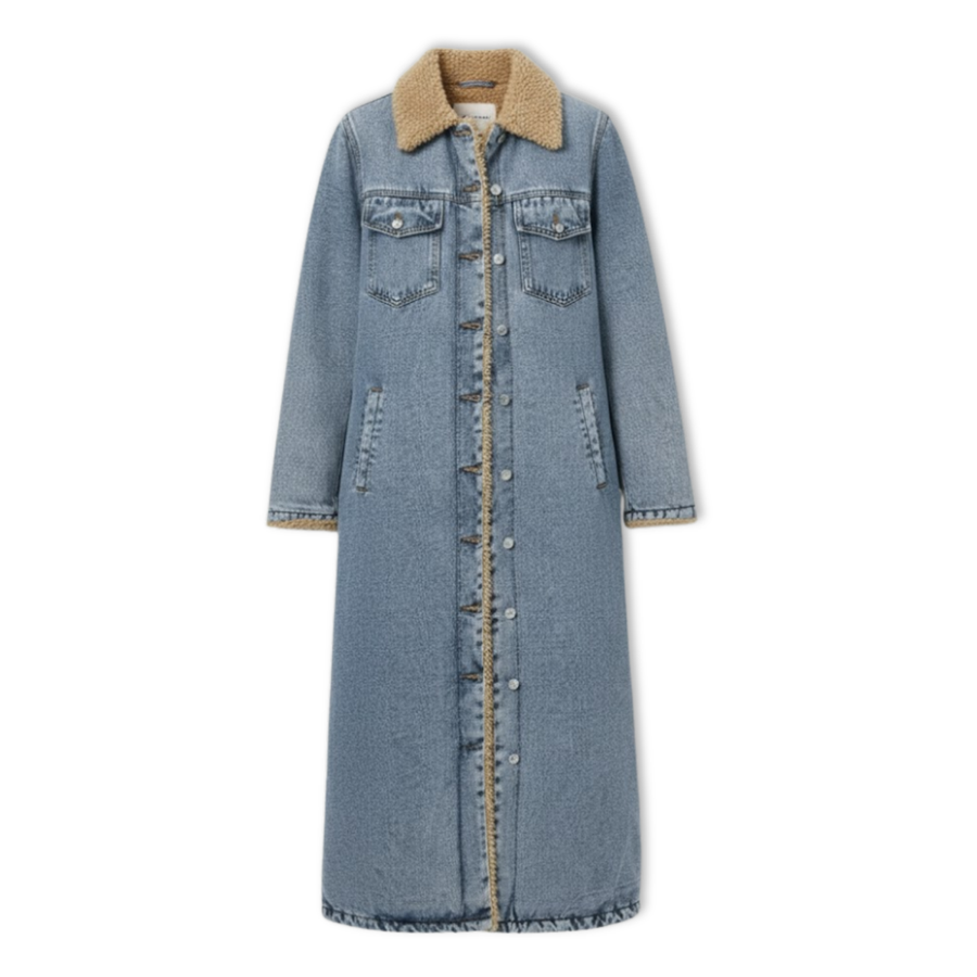Women’s Long Jean Coat with Soft Collar Button Down Jean Jacket