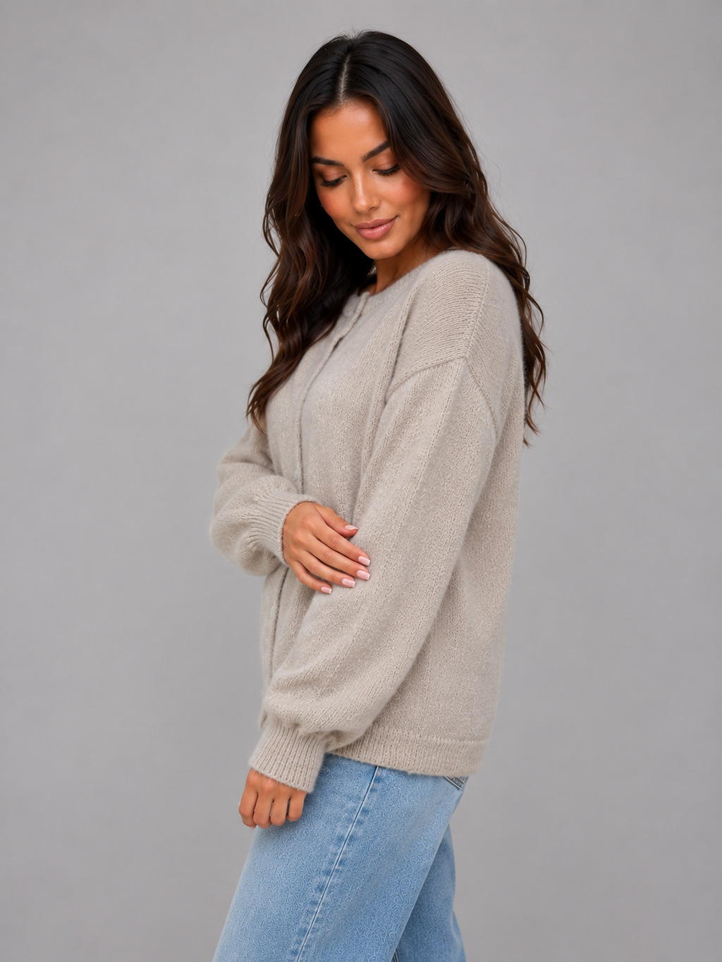 Women's Long Sleeve Cardigan with Crew Neck