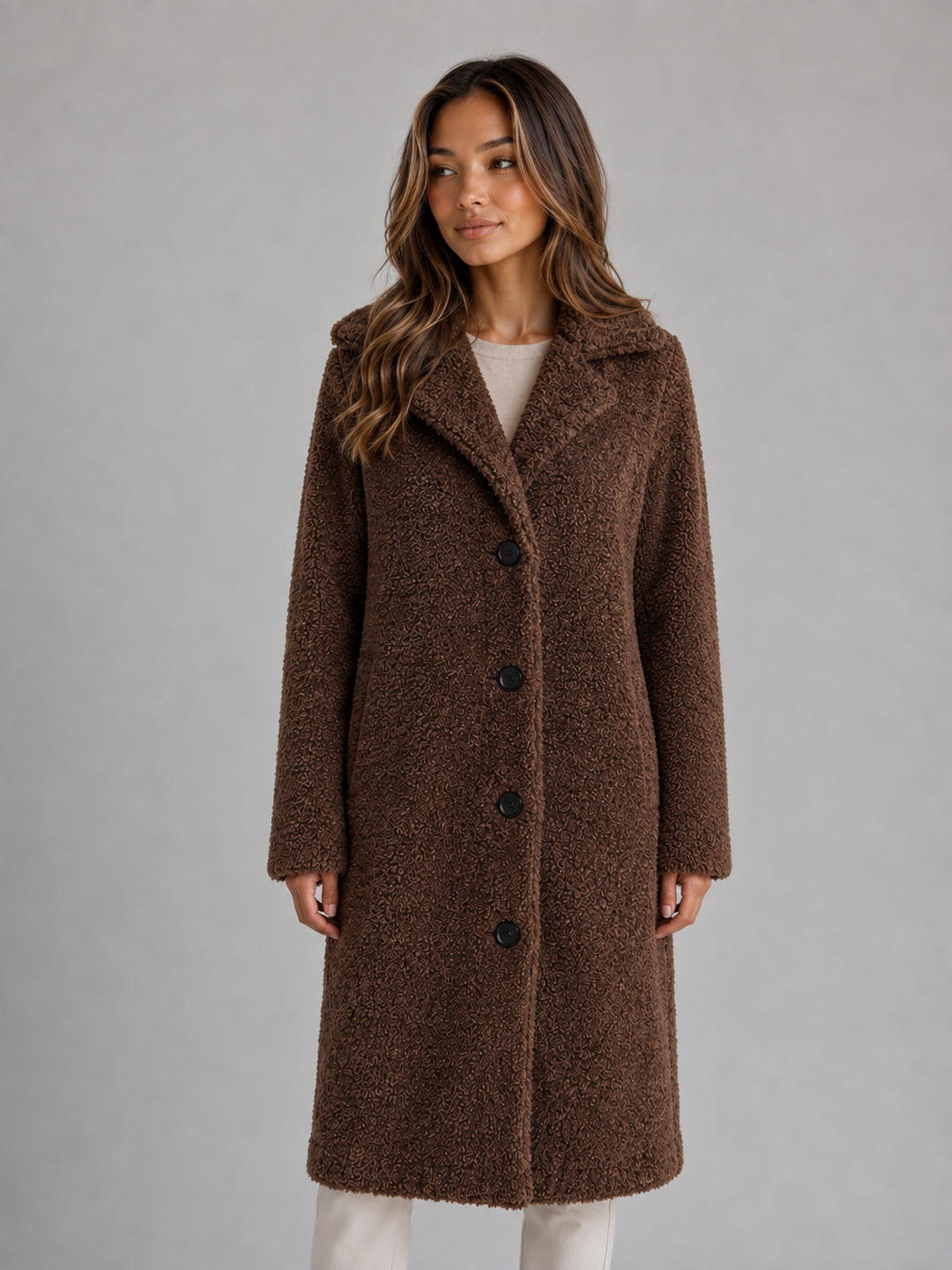 Women's Long Teddy Coat with Button Front