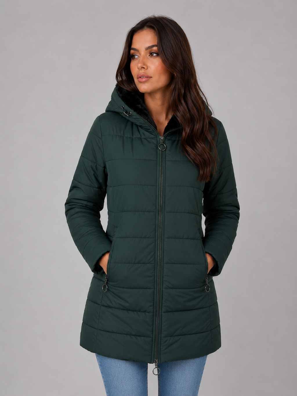 Women's Longline Puffer Coat – Hooded Fleece-Lined Winter Jacket