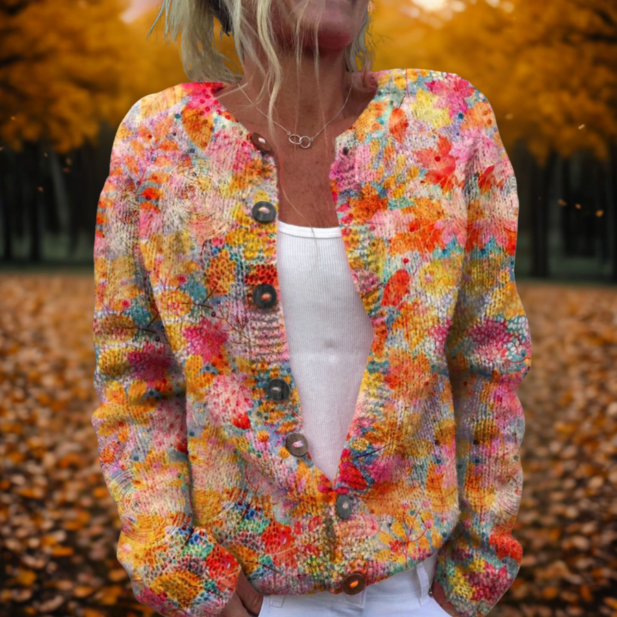 Dahlia | Fall Cardigan with Maple Leaf Print