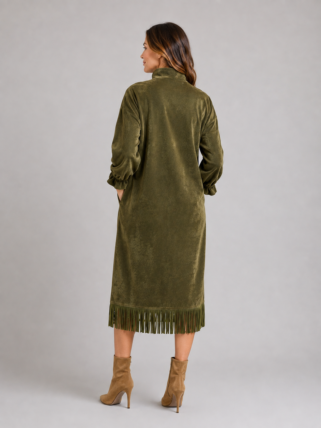 Women's Midi Dress with High Neck Fringe