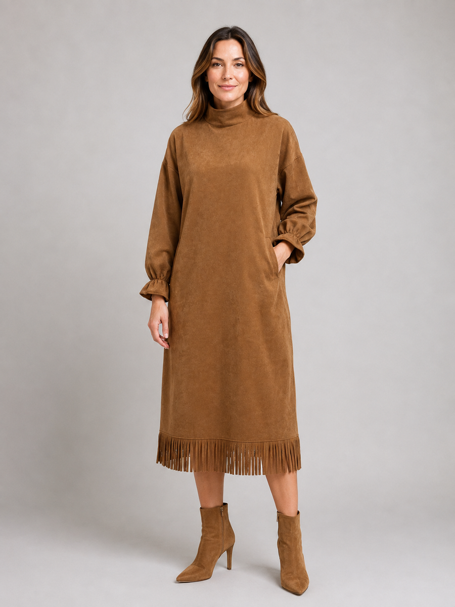 Women's Midi Dress with High Neck Fringe