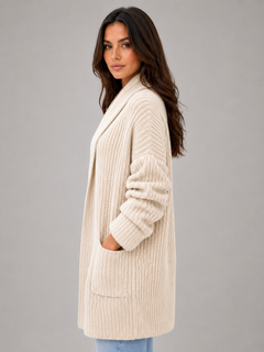 Women's Open Front Cardigan Shawl Collar - Soft Knit Longline Style