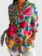 Women's Painterly Bloom Button-Up Blouse – Multicolor Floral Shirt