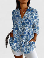 Women’s Patchwork Floral Blouse with Button Front