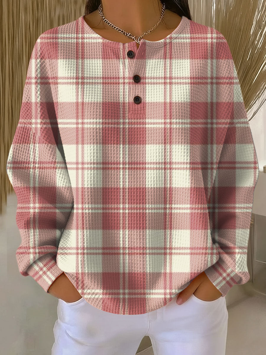 Celeste | Plaid Henley Sweater with Button Placket