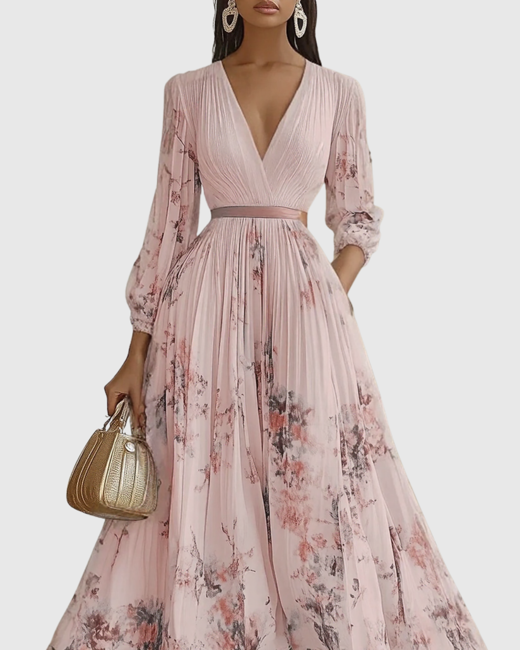 Women’s Pleated Maxi Dress with Ribbon Waist