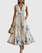 Women’s Pleated Maxi Dress with Ribbon Waist