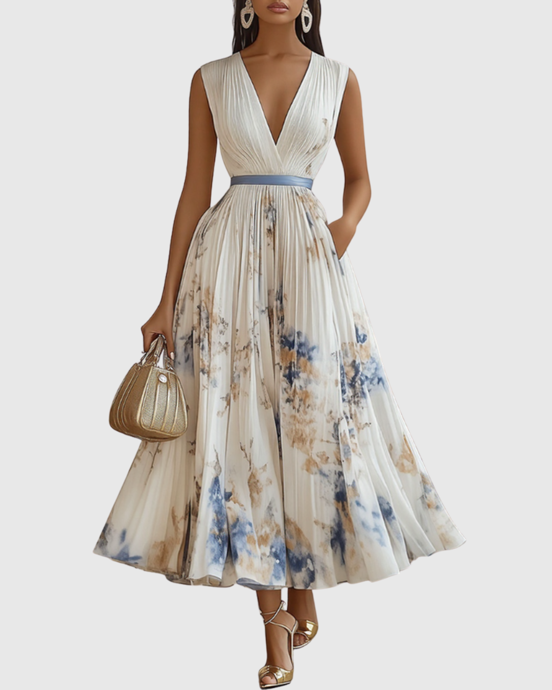 Women’s Pleated Maxi Dress with Ribbon Waist