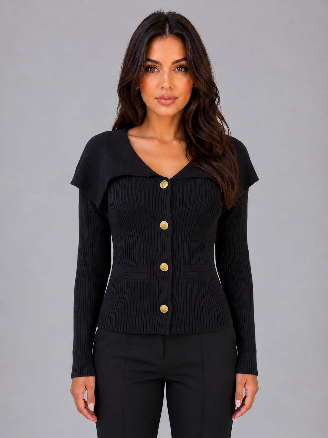 Women's Ribbed Cardigan with Gold Button Fastening