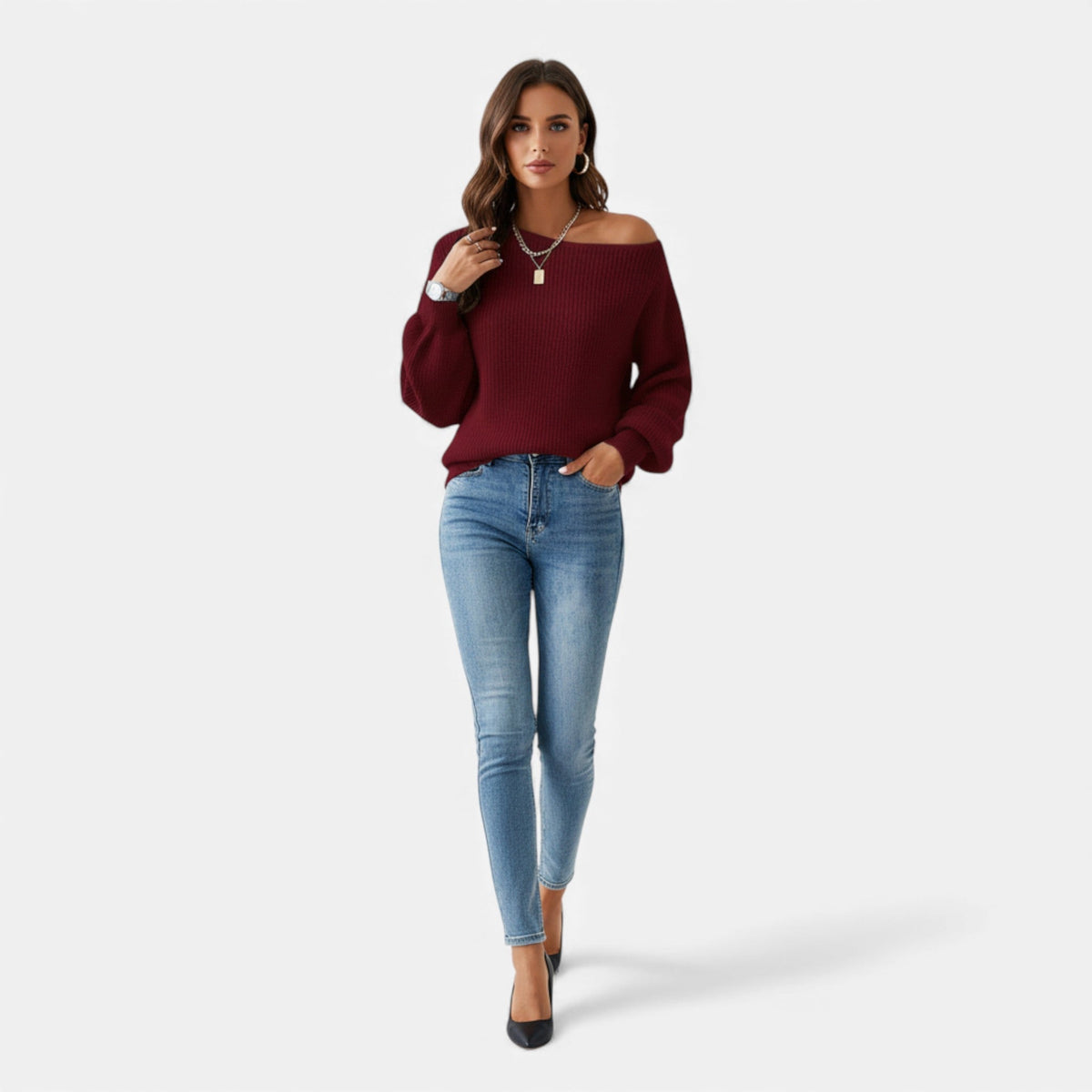 Vivienne | Off Shoulder Knit Top with Ribbed Sleeves