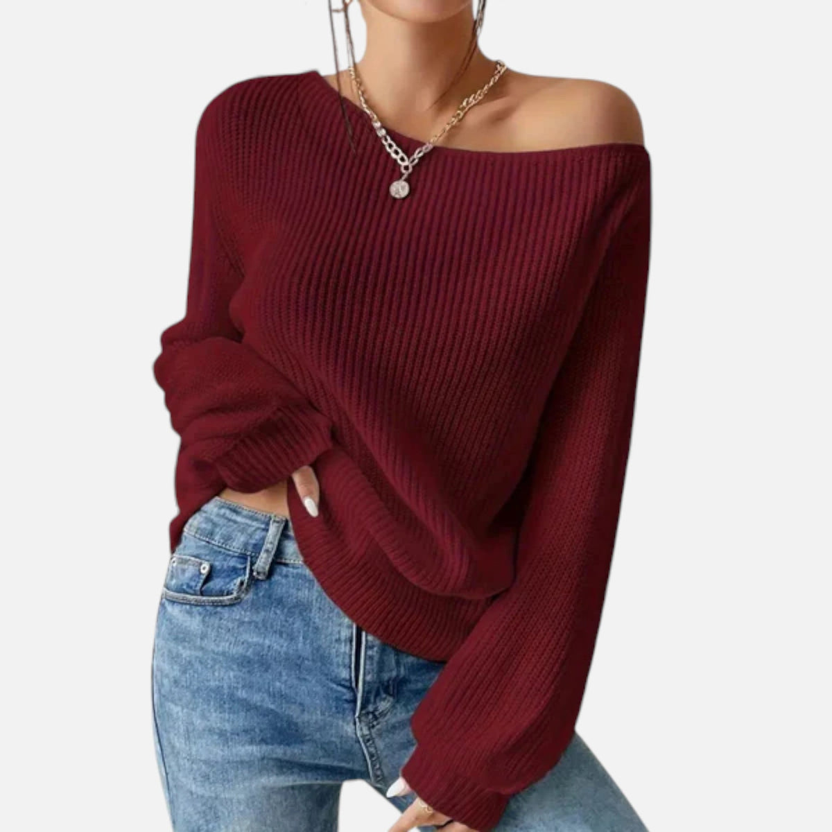Vivienne | Off Shoulder Knit Top with Ribbed Sleeves