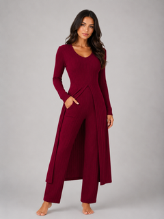 Women's Ribbed Lounge Set with Split Overlay