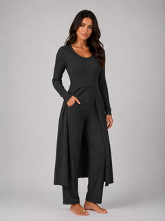 Women's Ribbed Lounge Set with Split Overlay