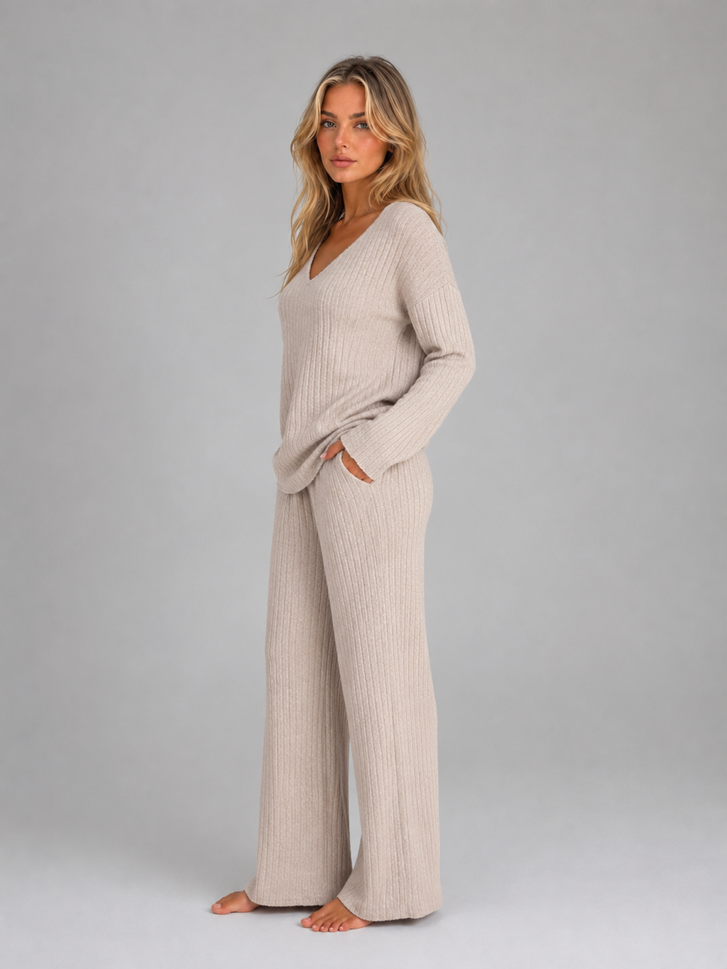 Women’s Ribbed Lounge Set with V-Neck Jumper