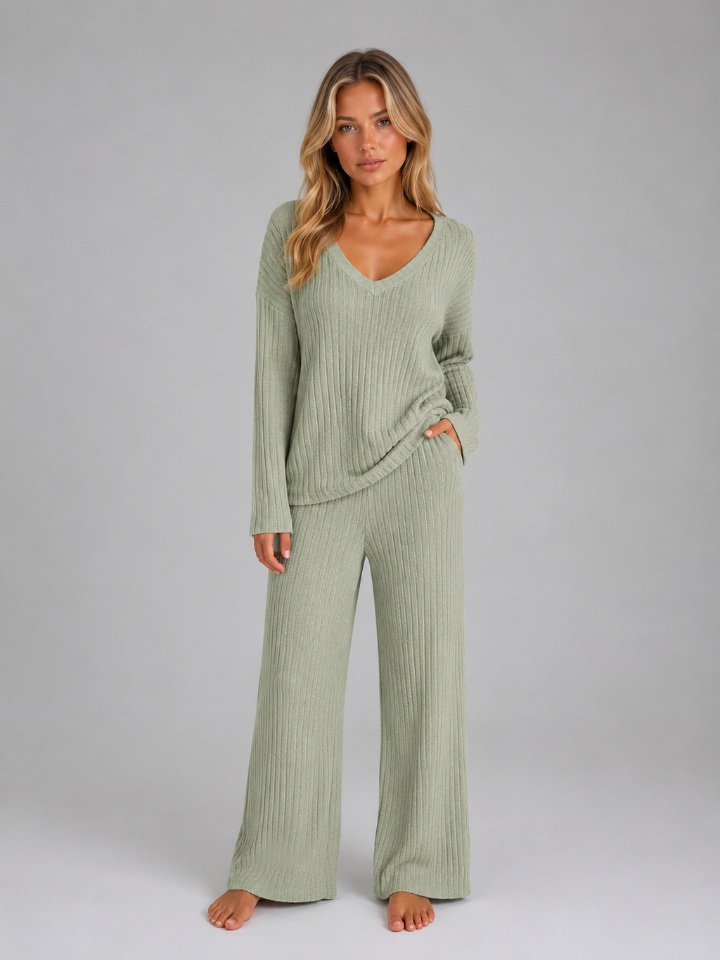 Women’s Ribbed Lounge Set with V-Neck Jumper