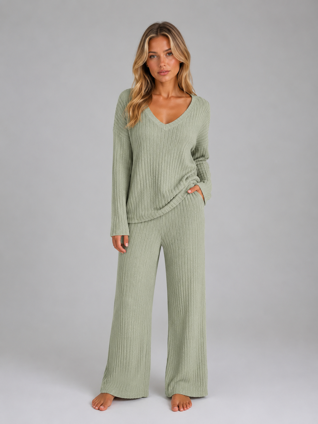 Women’s Ribbed Lounge Set with V-Neck Jumper