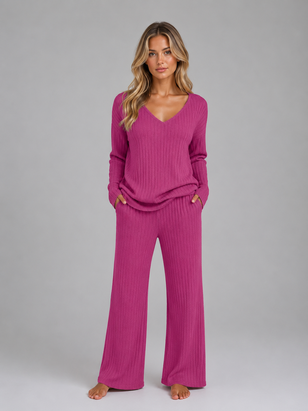 Women’s Ribbed Lounge Set with V-Neck Jumper