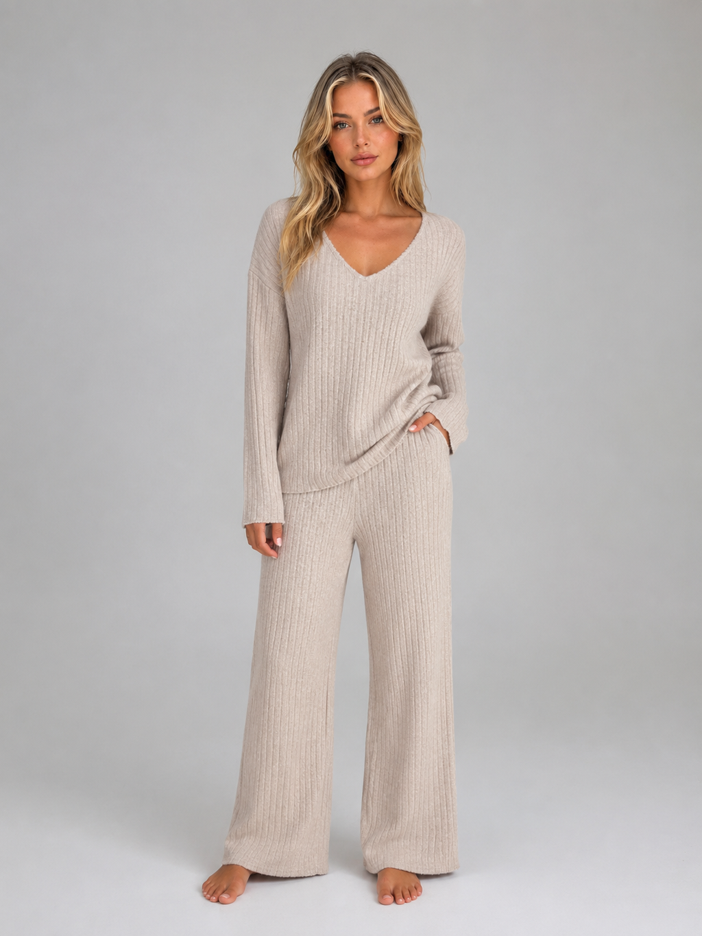 Women’s Ribbed Lounge Set with V-Neck Jumper