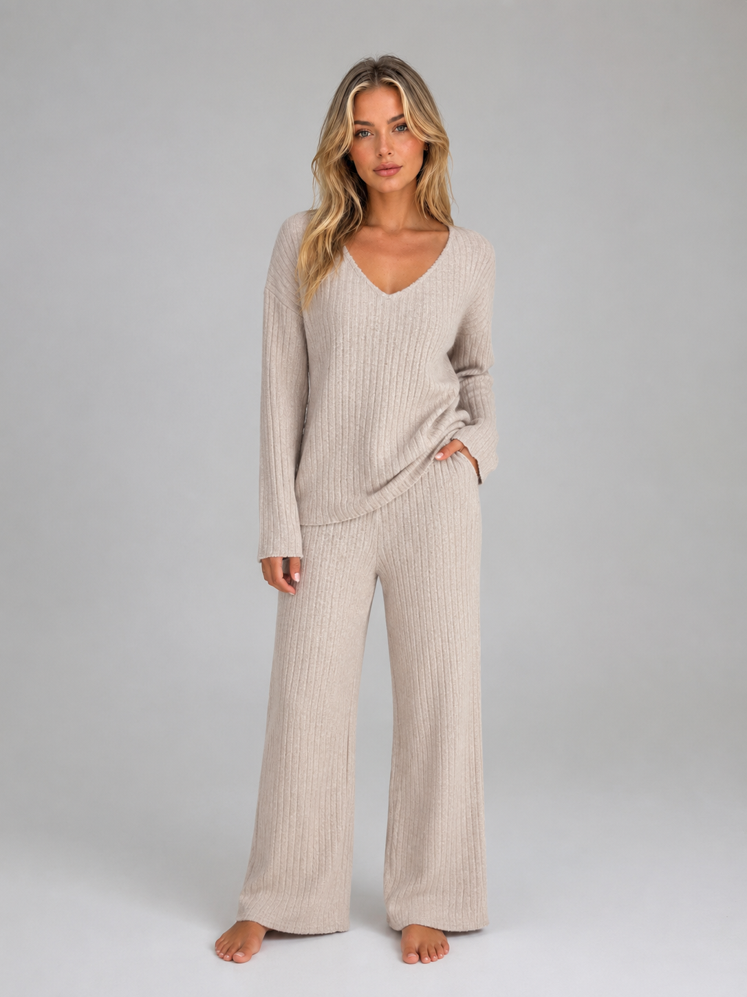 Women’s Ribbed Lounge Set with V-Neck Jumper